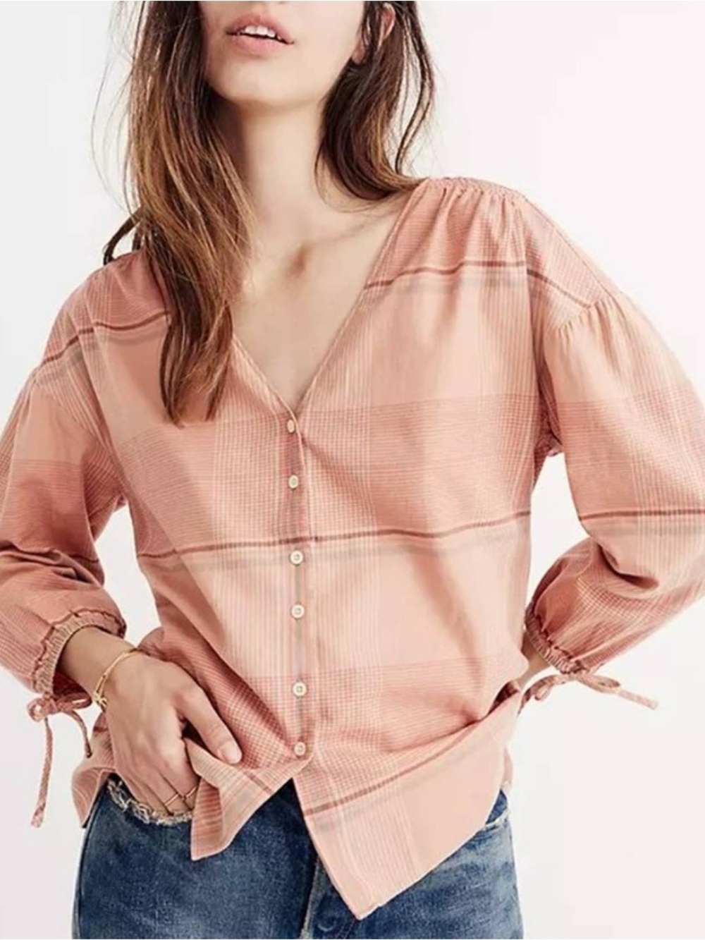 NWT MADEWELL Morning View Boho Tie-Sleeve Shirt Peach Plaid Medium Peasant Top
